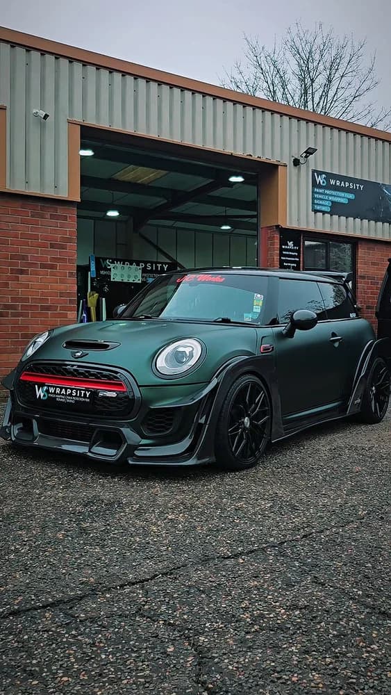 JCW Mini Cooper in matte green fresh from a detail